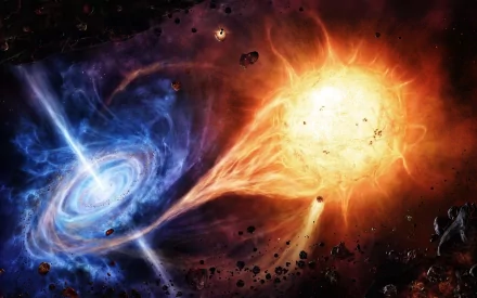 HD sci-fi desktop wallpaper featuring a black hole and quasar. The image showcases a vibrant, otherworldly space scene with intense blue and orange cosmic elements.