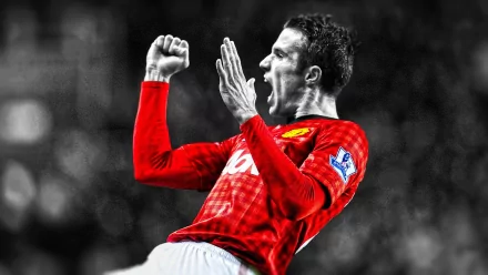 HD PC desktop wallpaper featuring Robin van Persie celebrating passionately in a Manchester United jersey, highlighting his sportsmanship and intensity on the field.