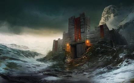 HD fantasy desktop wallpaper depicting a dark, imposing castle set against a stormy sky and rugged, snow-covered landscape.