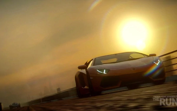 HD PC wallpaper featuring a sleek sports car from the video game Need For Speed: The Run racing at sunset on a city road.