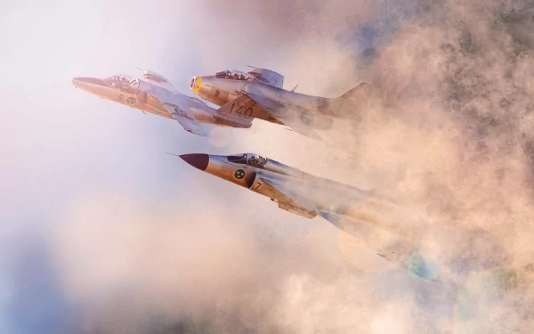 HD desktop wallpaper featuring military jet fighters Saab 105, Saab 29 Tunnan, and Saab 37 Viggen flying through clouds and smoke.