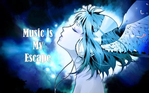 GUMI, the blue-haired Vocaloid, gazes serenely into space, adorned with angelic wings. The vibrant background, infused with music themes, enhances the ethereal vibe of the scene.