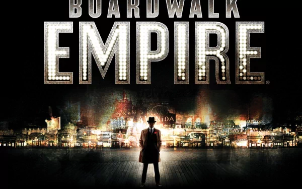 A dramatic HD wallpaper featuring Boardwalk Empire, showcasing a silhouetted figure against the vibrant nightlife of a historic boardwalk setting.