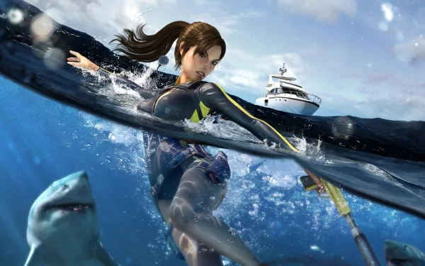 HD PC desktop wallpaper from the video game Tomb Raider: Underworld, featuring Lara Croft underwater with a spear and a shark nearby, and a yacht in the background.