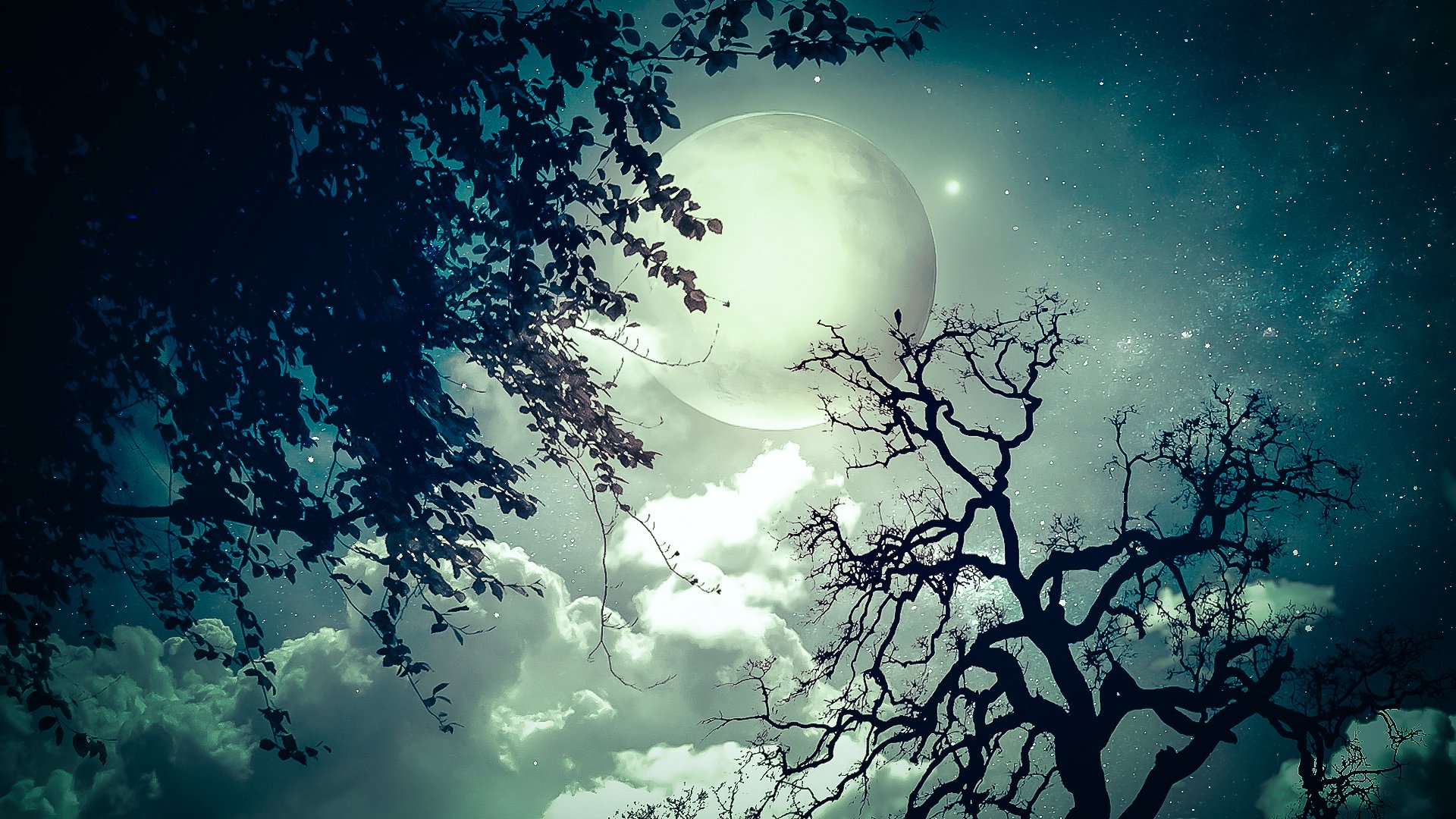 Sci-Fi HD PC desktop wallpaper and background: a glowing planet looms through a cloudy, star-filled teal sky above silhouetted, twisted tree branches.