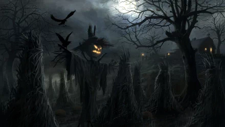 HD horror-themed wallpaper depicting a spooky scarecrow with glowing eyes, set in a dark, ominous field at night. The eerie Halloween scene features barren trees, crows, and a distant haunted house.