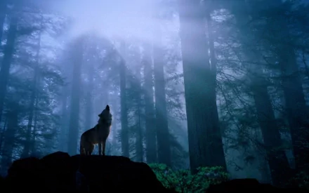 A wolf stands on a rock howling in a misty, densely wooded forest. This HD desktop wallpaper captures the serene beauty of nature.