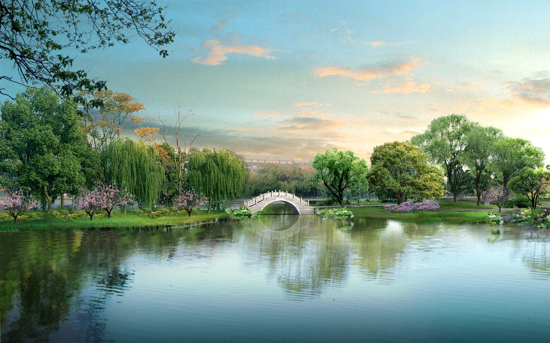 A serene garden landscape featuring lush greenery, blooming flowers, and a picturesque bridge reflected in a calm body of water, creating an artistic and tranquil wallpaper for your desktop.