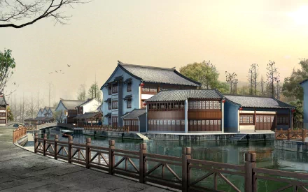 Artistic village HD PC desktop wallpaper/background: tranquil riverside scene at dusk with traditional wooden houses reflected in calm water and a wooden railing in the foreground.