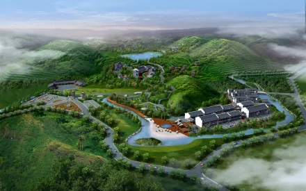 Artistic village HD PC desktop wallpaper and background: aerial view of a tranquil village nestled in misty green hills with winding roads and a small lake.