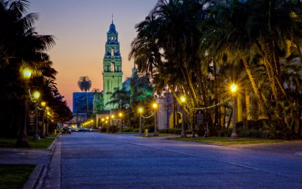 2K Quad HD PC desktop wallpaper and background of a tree-lined road at dusk leading to a lit man-made bell tower, palm trees and streetlights glowing under a twilight sky.