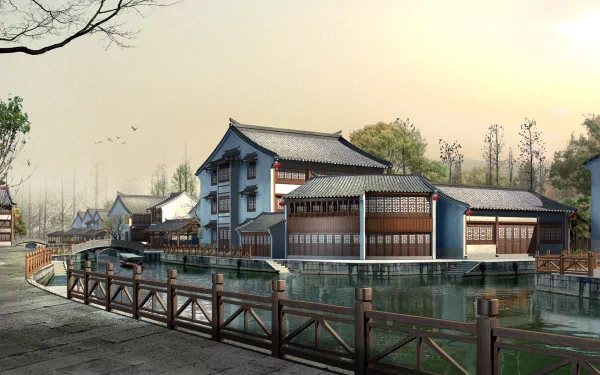 Artistic village HD PC desktop wallpaper/background: tranquil riverside scene at dusk with traditional wooden houses reflected in calm water and a wooden railing in the foreground.