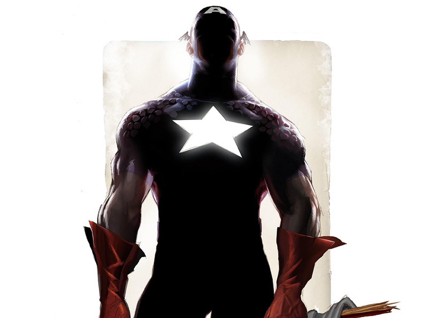 HD comic-style PC desktop wallpaper: Captain America silhouetted, glowing star on his chest, muscular arms and red gloves framed against a pale, textured background.