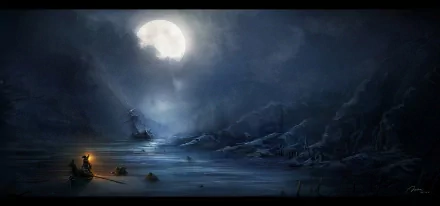 HD PC desktop wallpaper of Assassin's Creed III depicting a moonlit, icy landscape with a ship and figures on a frozen shore under a cloudy night sky.
