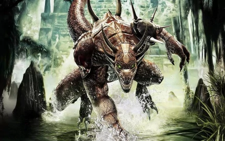 HD desktop wallpaper depicting a fierce, man-made dragon-like creature emerging from water in a Dungeons & Dragons fantasy setting.