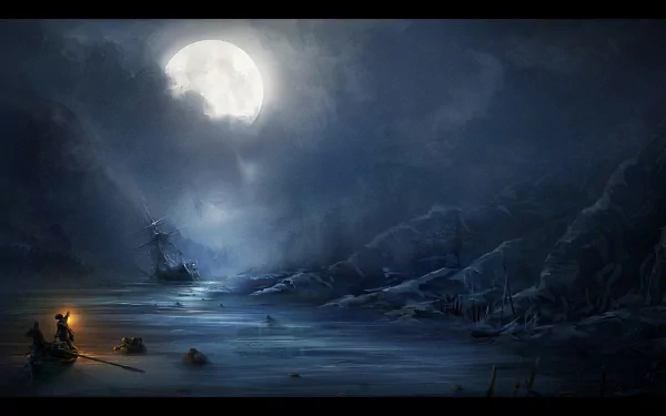 HD PC desktop wallpaper of Assassin's Creed III depicting a moonlit, icy landscape with a ship and figures on a frozen shore under a cloudy night sky.