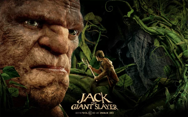 HD desktop wallpaper featuring a giant and Jack from the movie Jack the Giant Slayer set against a dark, leafy background.