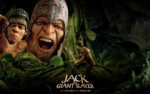 HD desktop wallpaper from the movie Jack the Giant Slayer, featuring a giant emerging from foliage and a warrior confronting it in a dark, intense scene.