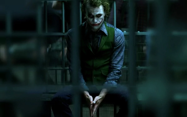 Joker from the movie The Dark Knight sits behind bars, exuding a menacing calmness in this high-definition desktop wallpaper and background.
