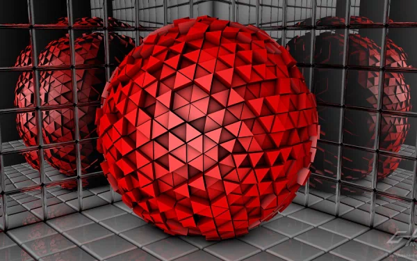 An abstract HD desktop wallpaper featuring a striking red geometric sphere set against a reflective grid background, enhancing its modern aesthetic.