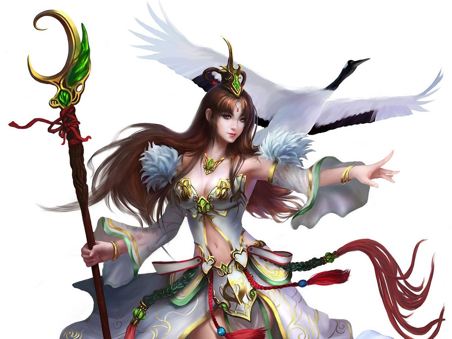 A fantasy-themed HD wallpaper featuring a woman in ornate attire, gracefully interacting with a majestic bird, embodying a mystical and enchanting atmosphere.