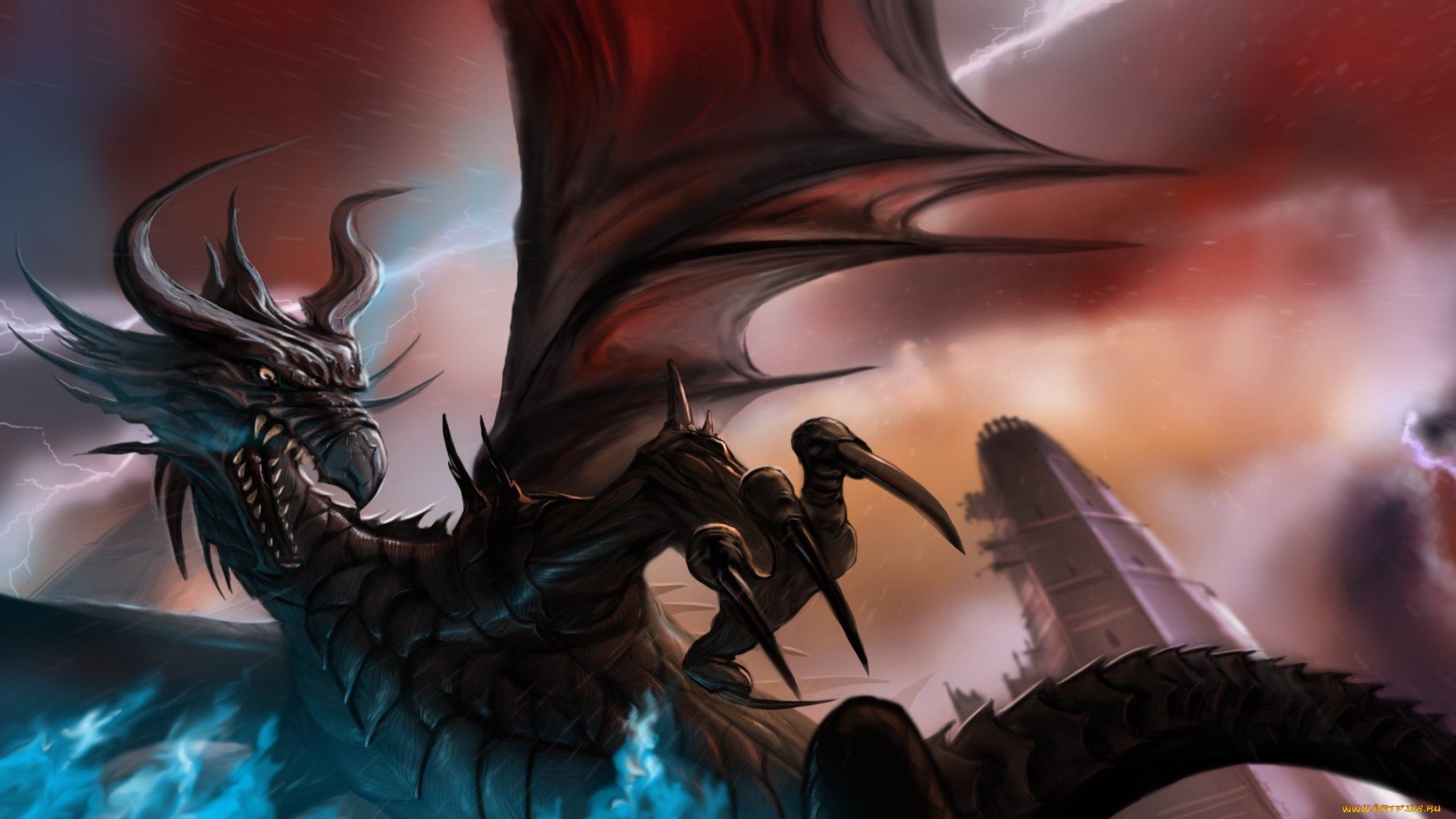A fierce dragon with large wings soars against a fiery sky, rendered in detailed fantasy art as an HD PC desktop wallpaper and background.