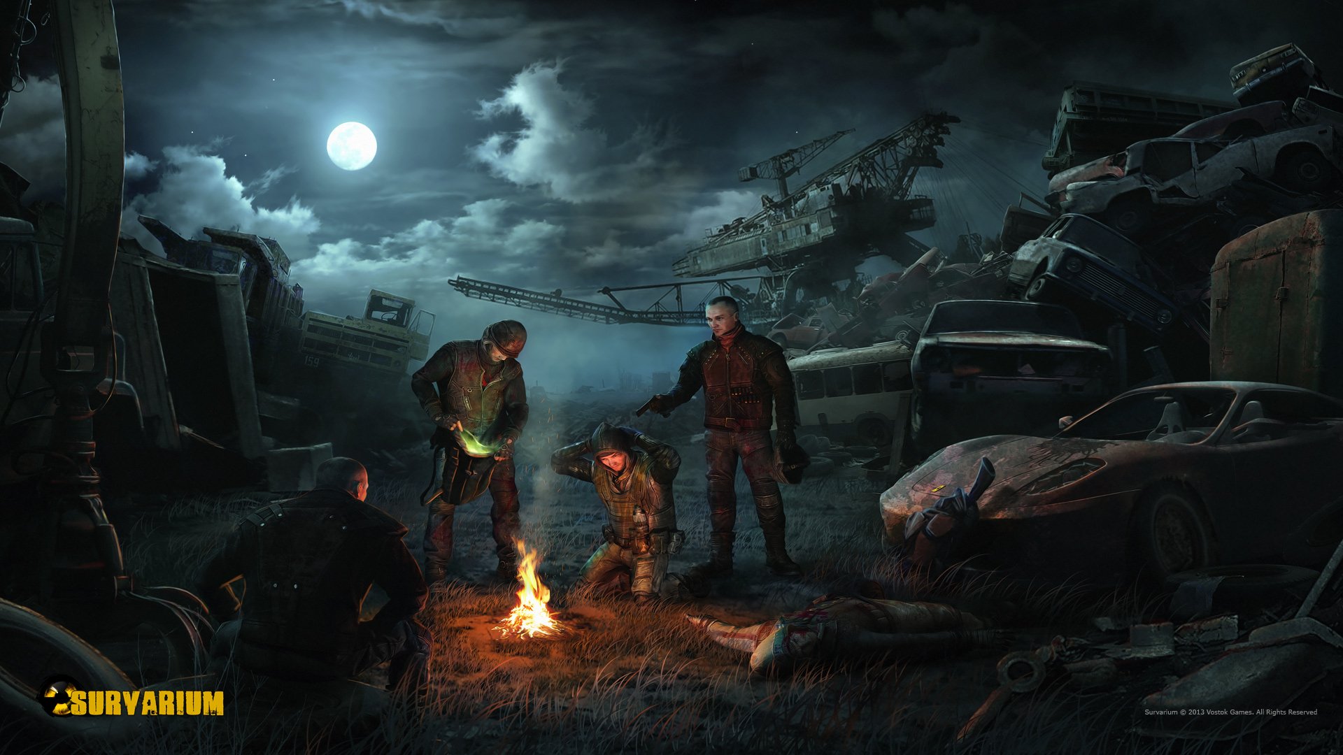 Video game Survarium HD PC desktop wallpaper/background: four people huddled around a small fire among wrecked cars and cranes under a moonlit, stormy sky.