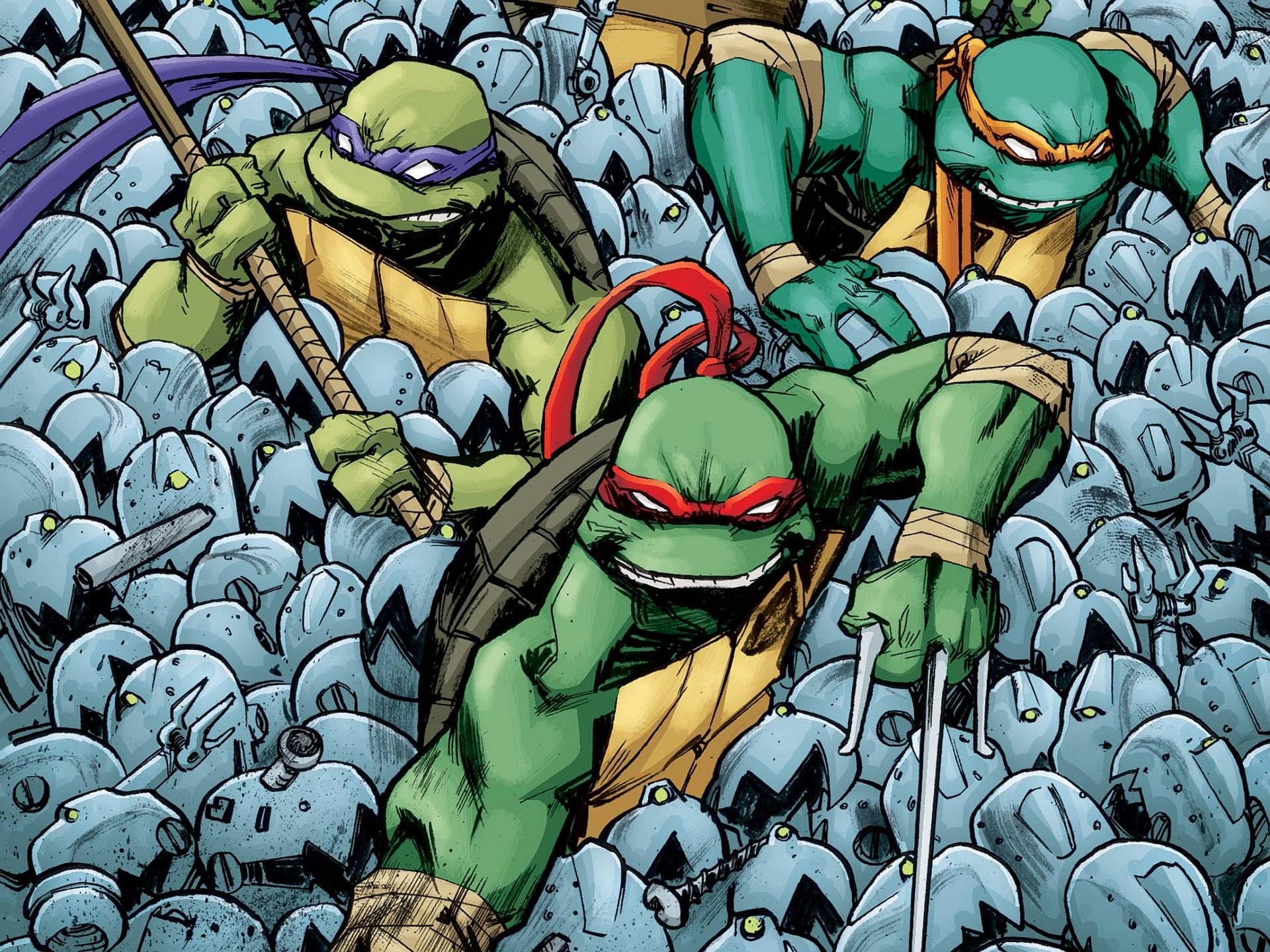 HD PC desktop wallpaper of the Teenage Mutant Ninja Turtles — Michelangelo, Raphael and Donatello in comic-style action, leaping through rubble with weapons drawn.