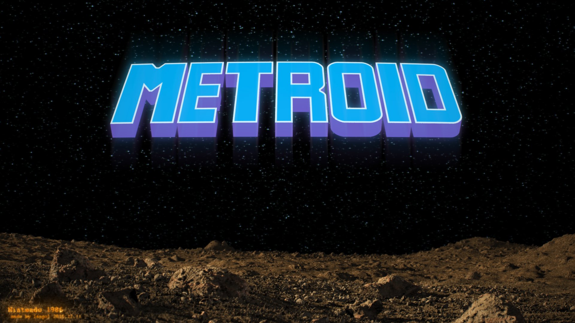 HD PC desktop wallpaper background: bold blue METROID video game logo hovers over a starfield above a rocky alien surface.