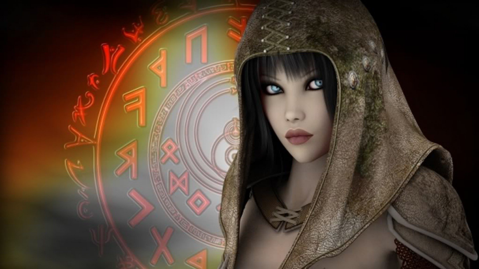A fantasy-themed HD wallpaper featuring a mysterious woman wearing a hood, set against a vibrant backdrop with intricate symbols.