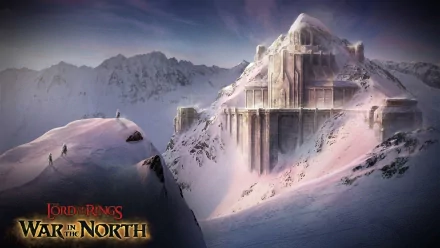 A stunning winter landscape depicting a majestic castle covered in snow, inspired by The Lord of the Rings: War in the North, creates an immersive gaming atmosphere.