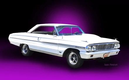 White Ford Galaxie classic vehicle on a purple-to-black gradient, presented as an HD PC desktop wallpaper/background.