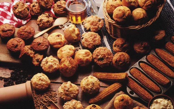 HD PC desktop wallpaper showcasing an assortment of freshly baked muffins, cookies, and bread with a jar of honey, highlighting warm tones and a cozy baking theme.