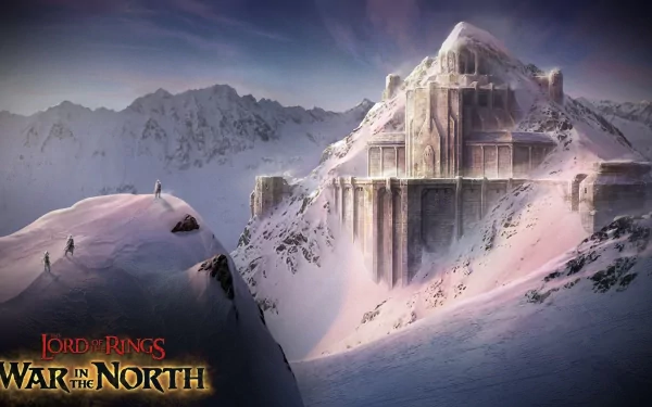 A stunning winter landscape depicting a majestic castle covered in snow, inspired by The Lord of the Rings: War in the North, creates an immersive gaming atmosphere.