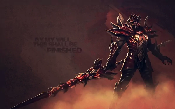 A dramatic HD wallpaper featuring Jarvan IV, the warrior from League of Legends, adorned in dark armor and wielding a fierce, ornate spear, shrouded in mystical background fog.