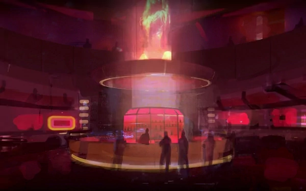 Mass Effect 2 HD PC wallpaper: dim, neon-red futuristic bar/lounge with a glowing central holographic column and silhouetted figures.