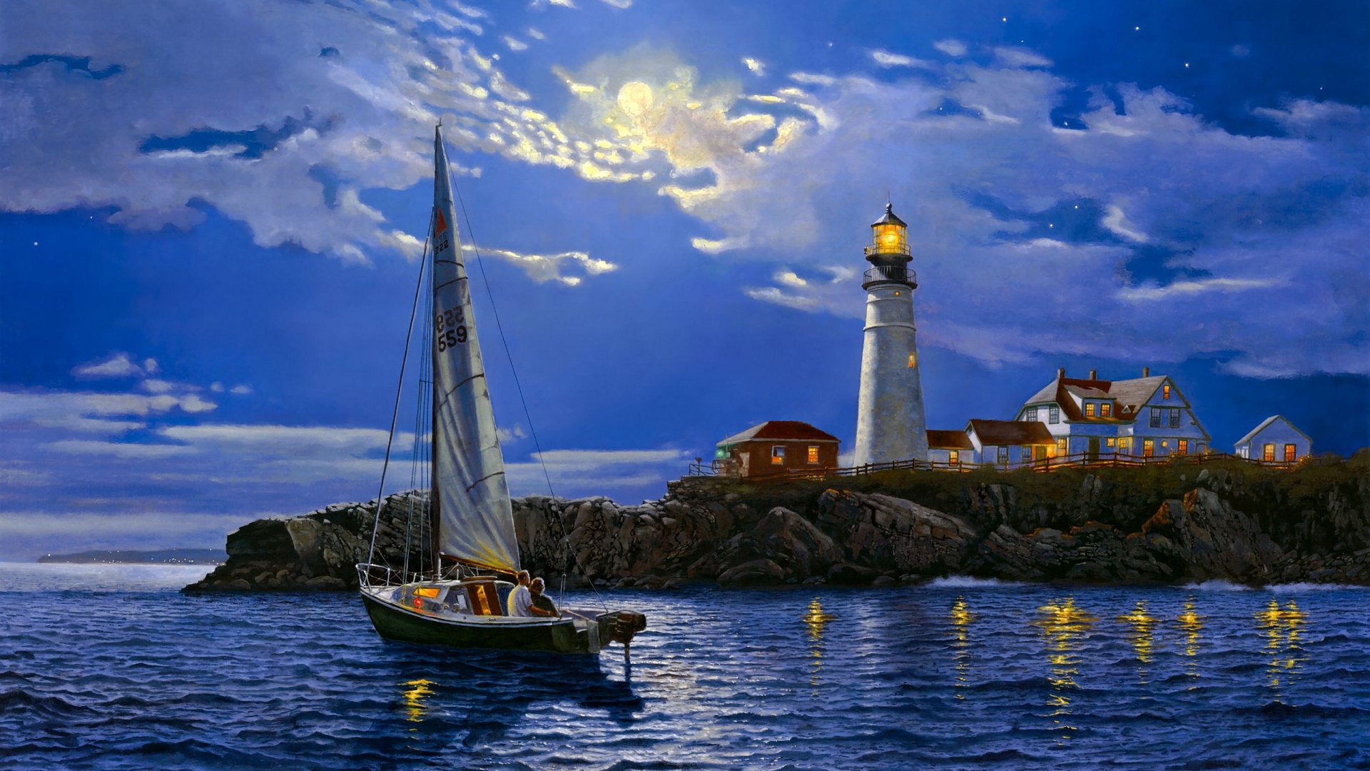 sailboat sailing at night lights