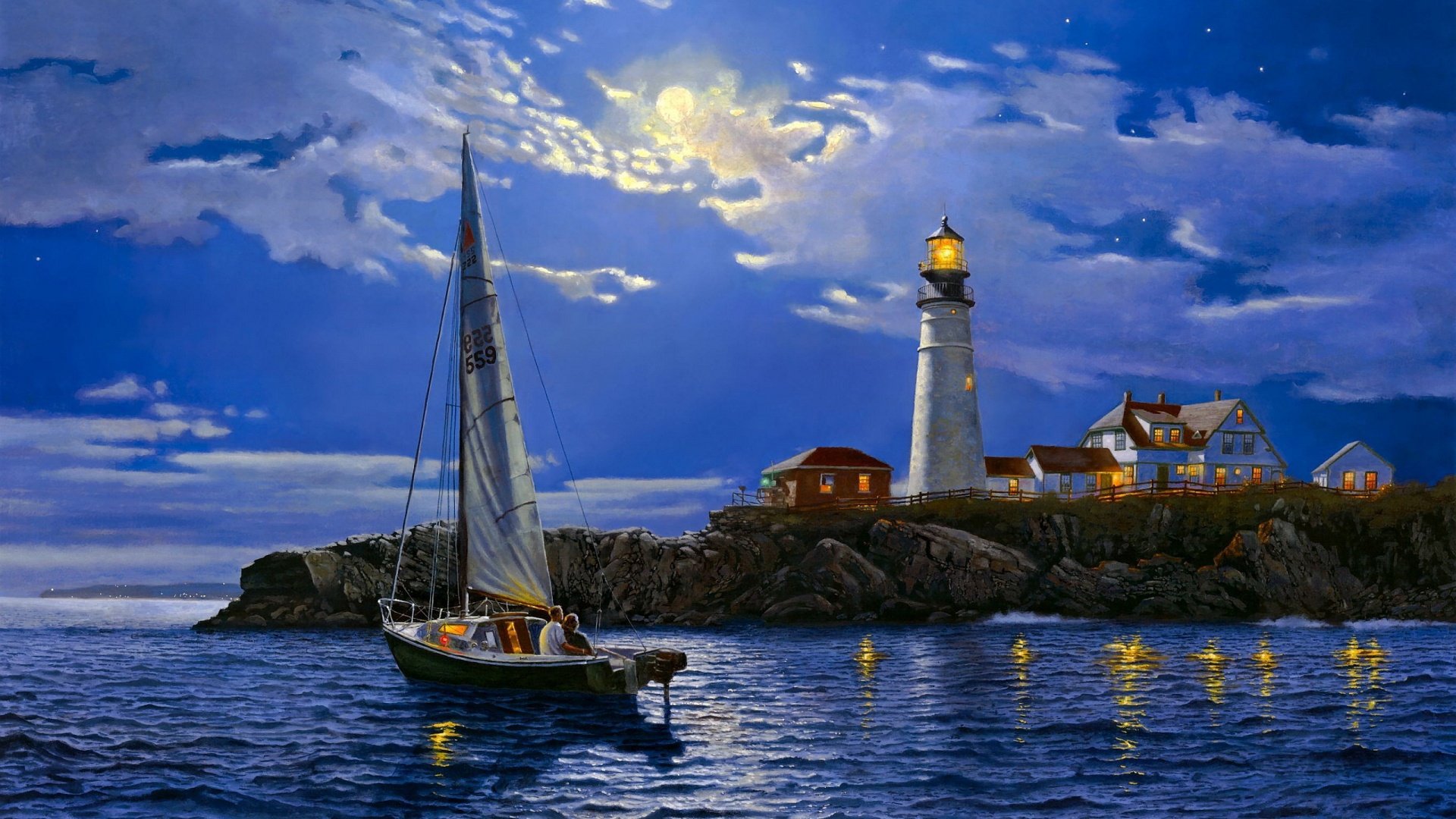 Artistic HD desktop wallpaper depicting a sailboat sailing near a lighthouse on a rocky shore under a moonlit, cloudy night sky.