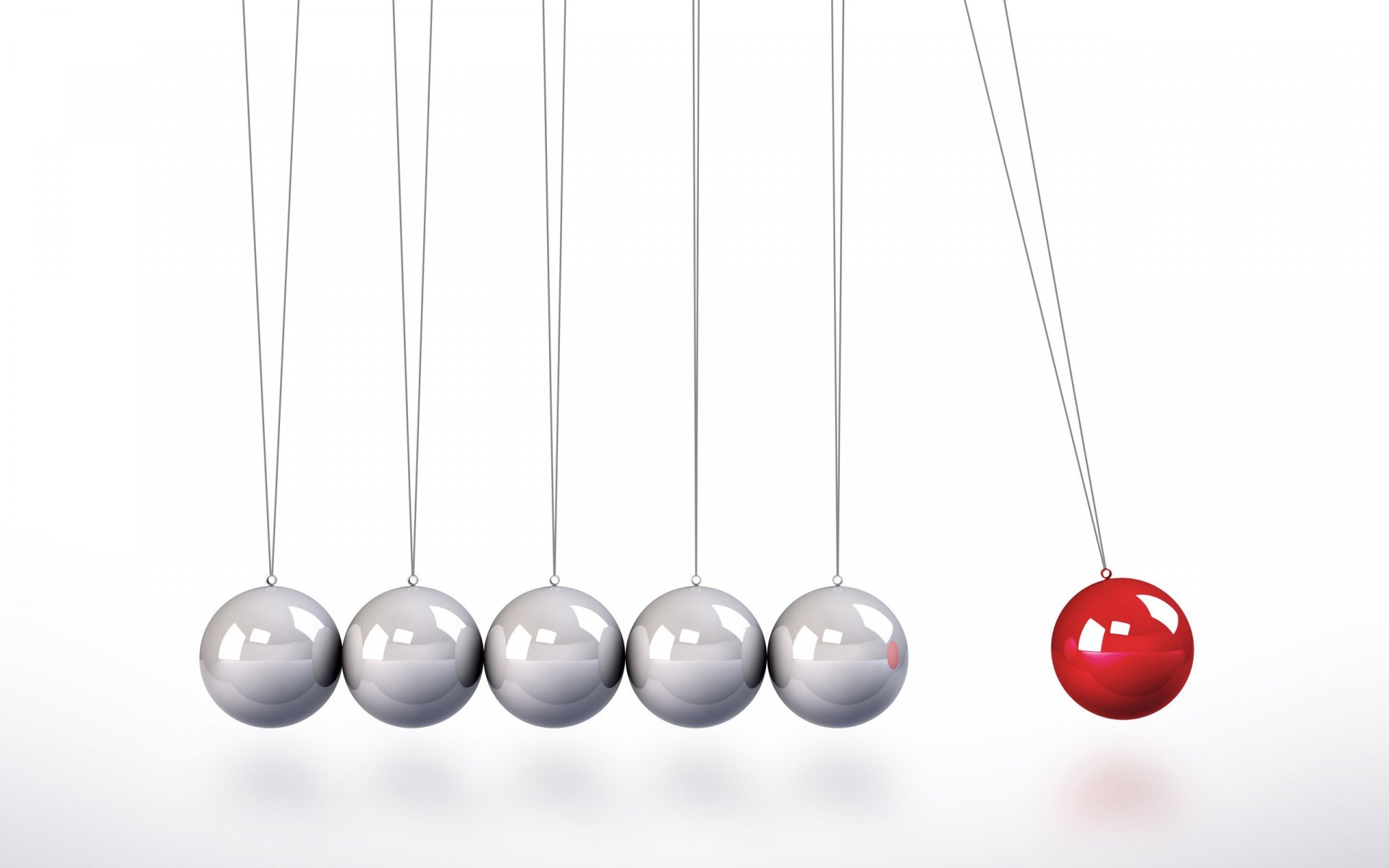 Abstract 2K Quad HD PC desktop wallpaper showing a Newton's cradle: four silver spheres and one red sphere drawn back against a clean white background.