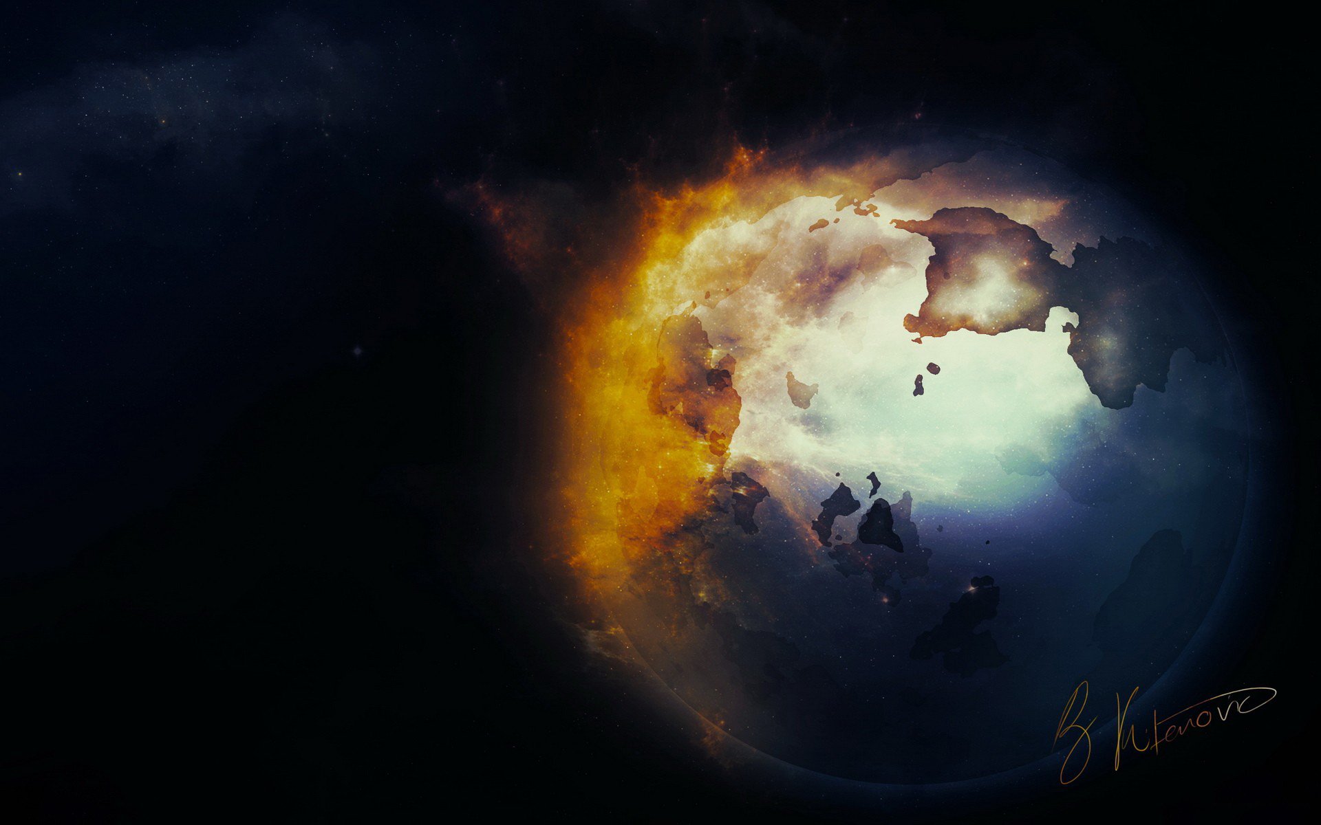 HD artistic desktop wallpaper featuring a glowing globe with contrasting dark and fiery light effects against a deep space background.