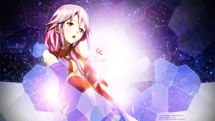 A vibrant HD wallpaper featuring Inori Yuzuriha from the anime Guilty Crown, set against a cosmic hexagonal background with soft lighting effects that enhance her character.