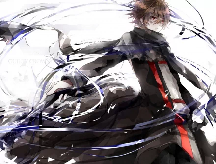 HD desktop wallpaper of an anime character from Guilty Crown. The character is depicted with brown hair and a dark outfit, surrounded by dynamic, swirling artistic elements.