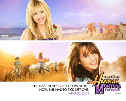 HD PC desktop wallpaper featuring Miley Cyrus from Hannah Montana: The Movie, showcasing scenes of her as Hannah Montana and enjoying beach and horseback moments.