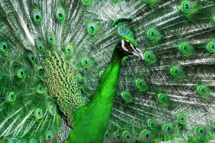 HD desktop wallpaper featuring a vibrant peacock with its iridescent green feathers fanned out in full display. White specks accentuate the stunning array. Background.