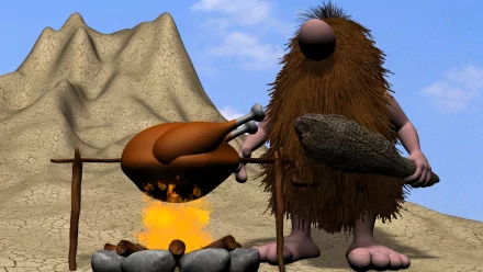 3D cartoon fantasy caveman in artistic HD PC desktop wallpaper background, shaggy figure with club roasting giant meat over fire beneath rocky hills — funny, stylized 3D art.