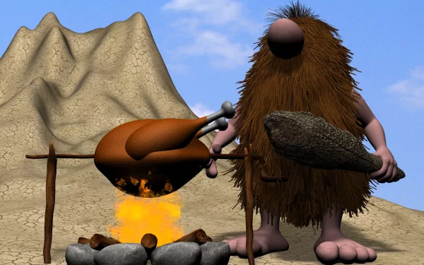 3D cartoon fantasy caveman in artistic HD PC desktop wallpaper background, shaggy figure with club roasting giant meat over fire beneath rocky hills — funny, stylized 3D art.