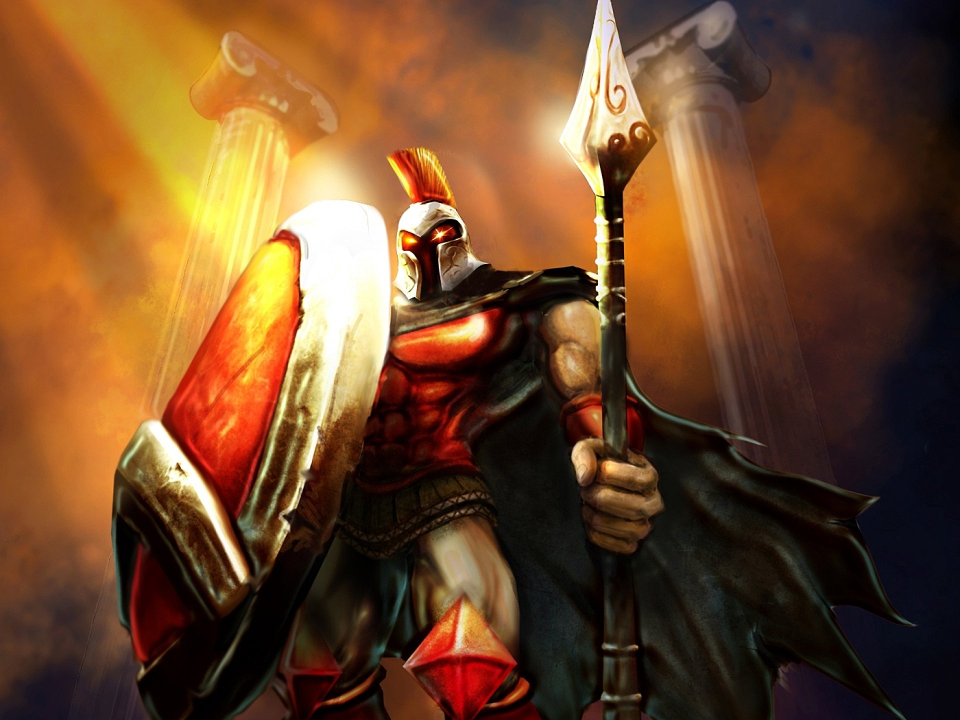 Pantheon (League of Legends) in heroic pose, spear and shield raised against fiery pillars — HD PC desktop wallpaper/background from the video game.