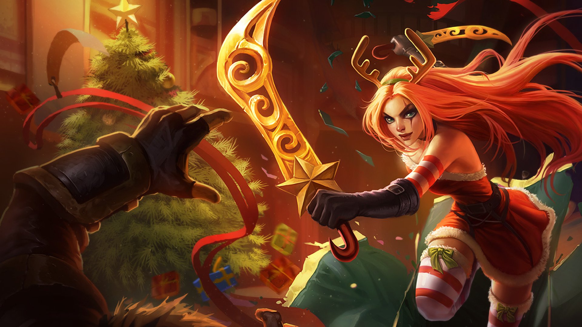 Katarina from League of Legends wields a golden sword, dressed in festive attire, amid a holiday scene with a Christmas tree and gifts, creating a vibrant desktop wallpaper.