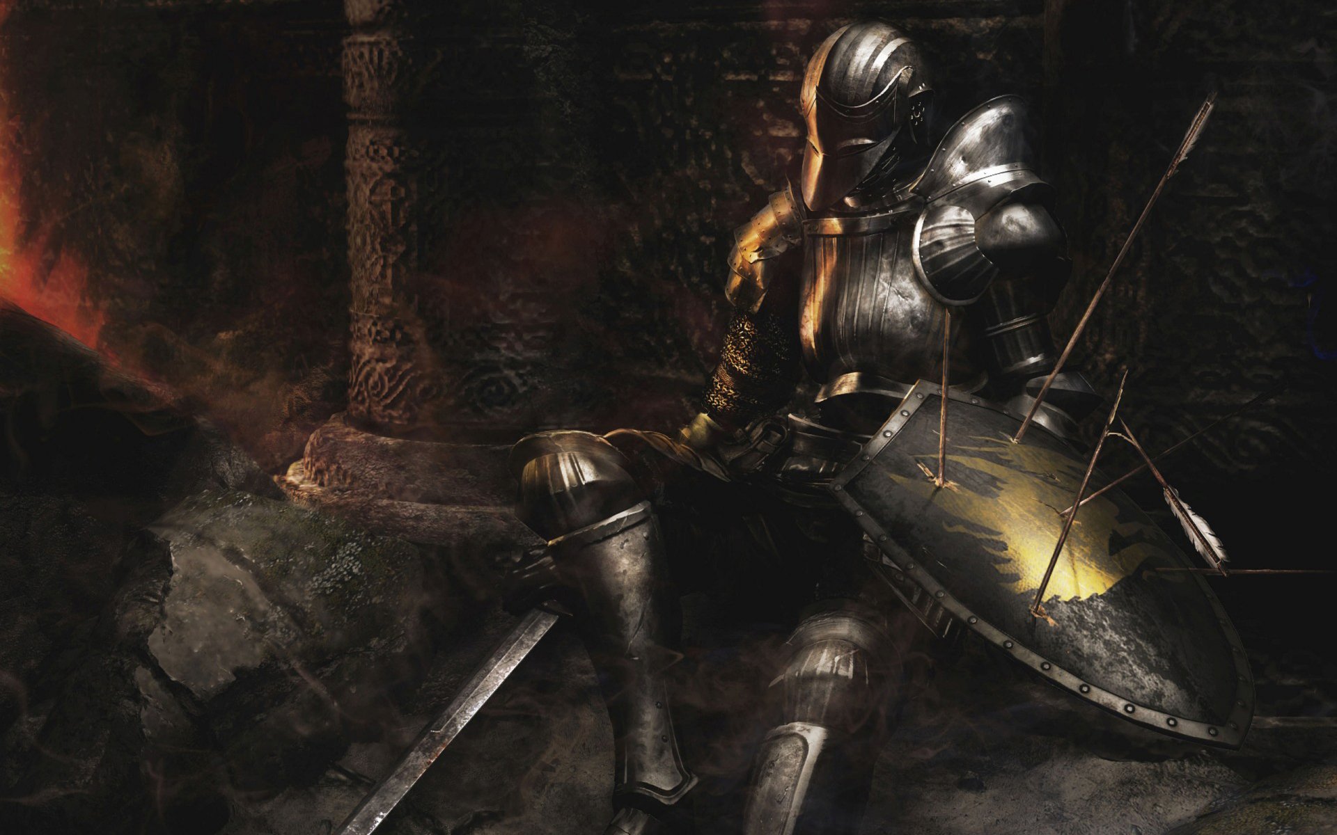 Demon's Souls video game 2K Quad HD PC desktop wallpaper shows an armored knight resting in a ruined, torchlit hall, sword and shield at his side, armor glinting in firelight.