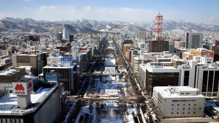 HD desktop wallpaper of Sapporo, Hokkaido — snow-dusted man-made cityscape with a central tree-lined avenue, urban towers and distant mountains under a clear sky.